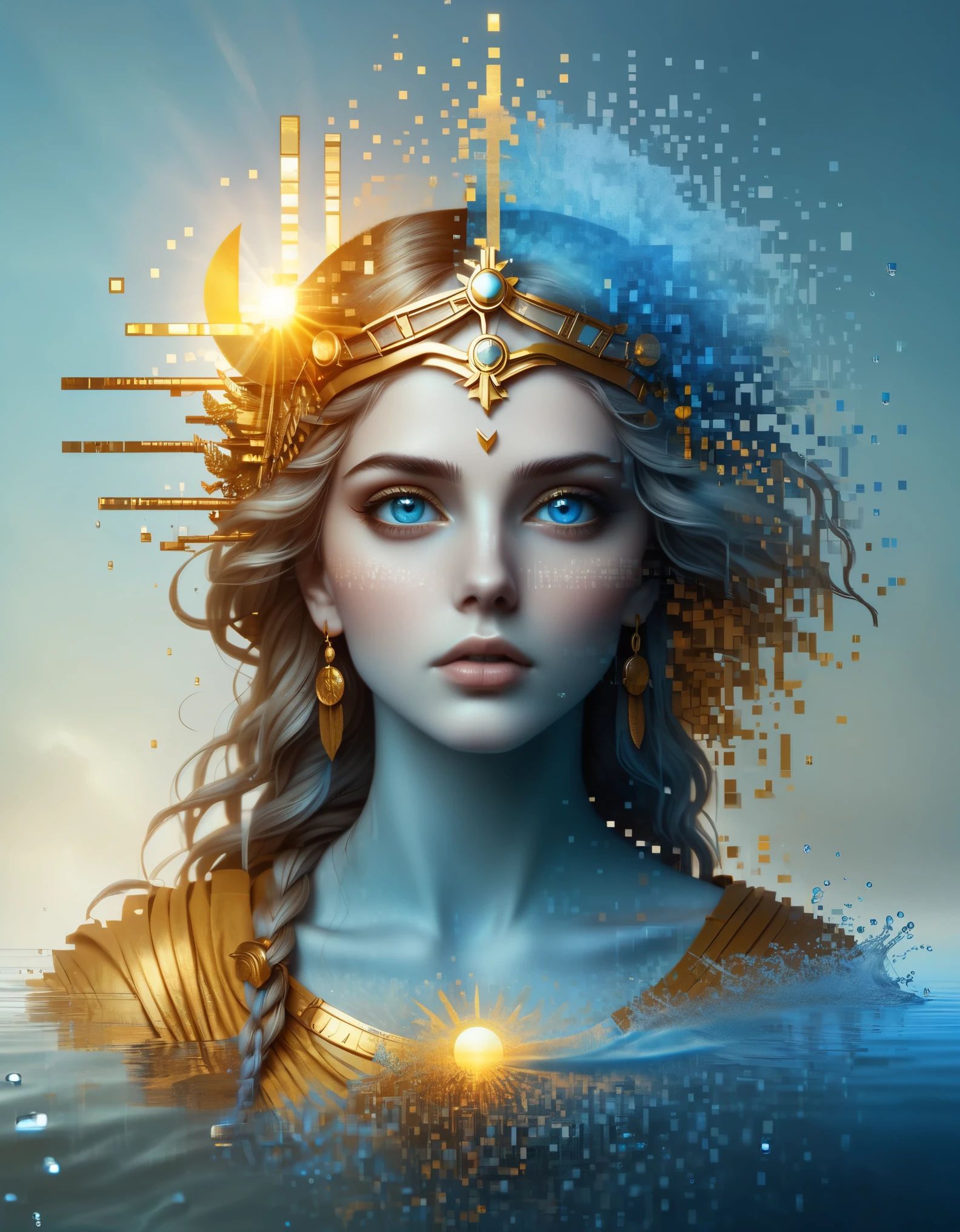 pixel art，in style of Caras Ionut, beautiful details， beautiful details，Beautiful goddess Athena in a blue gradient color of dissolved pixels，（whole body），Extraordinarily beautiful blue eyes，gradually decompose，Golden sunshine shines in，Partial reflection in water，