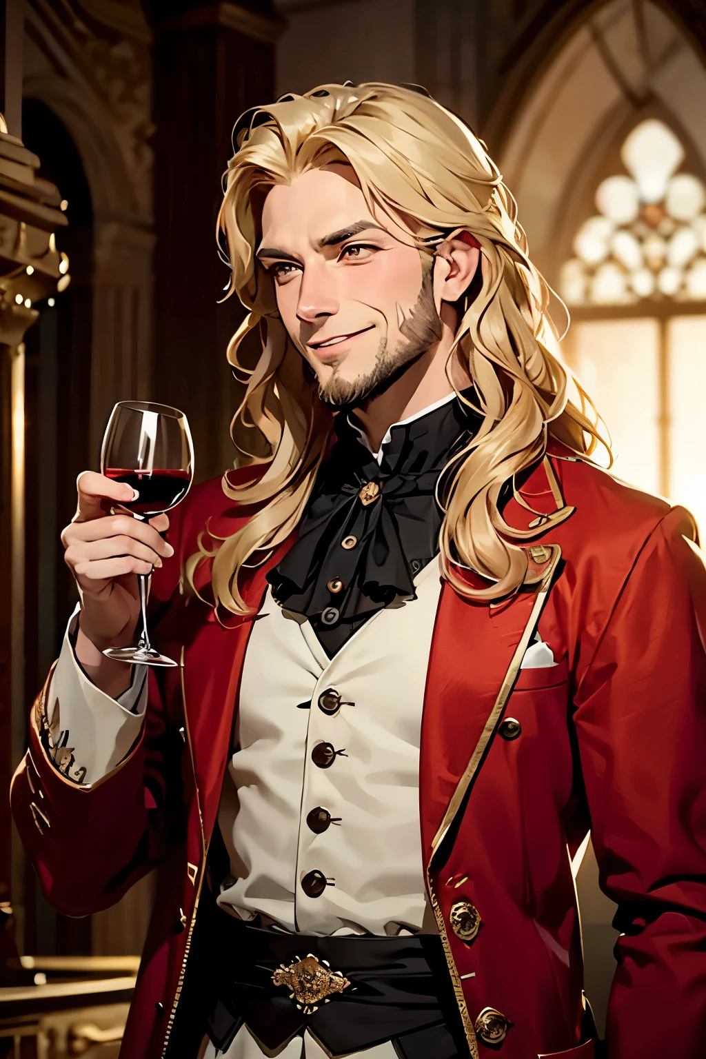 male, late 30s, blond, shoulder-length, middle-part wavy hair, light-purple, deep-set, Sanpaku eyes, slightly thick beard, aquiline and hooked nose, slightly underbite, chiseled, slightly long face, jolly, grinning, squinting, blush, strong and dependable body, medieval European formal attire, holding a glass of wine