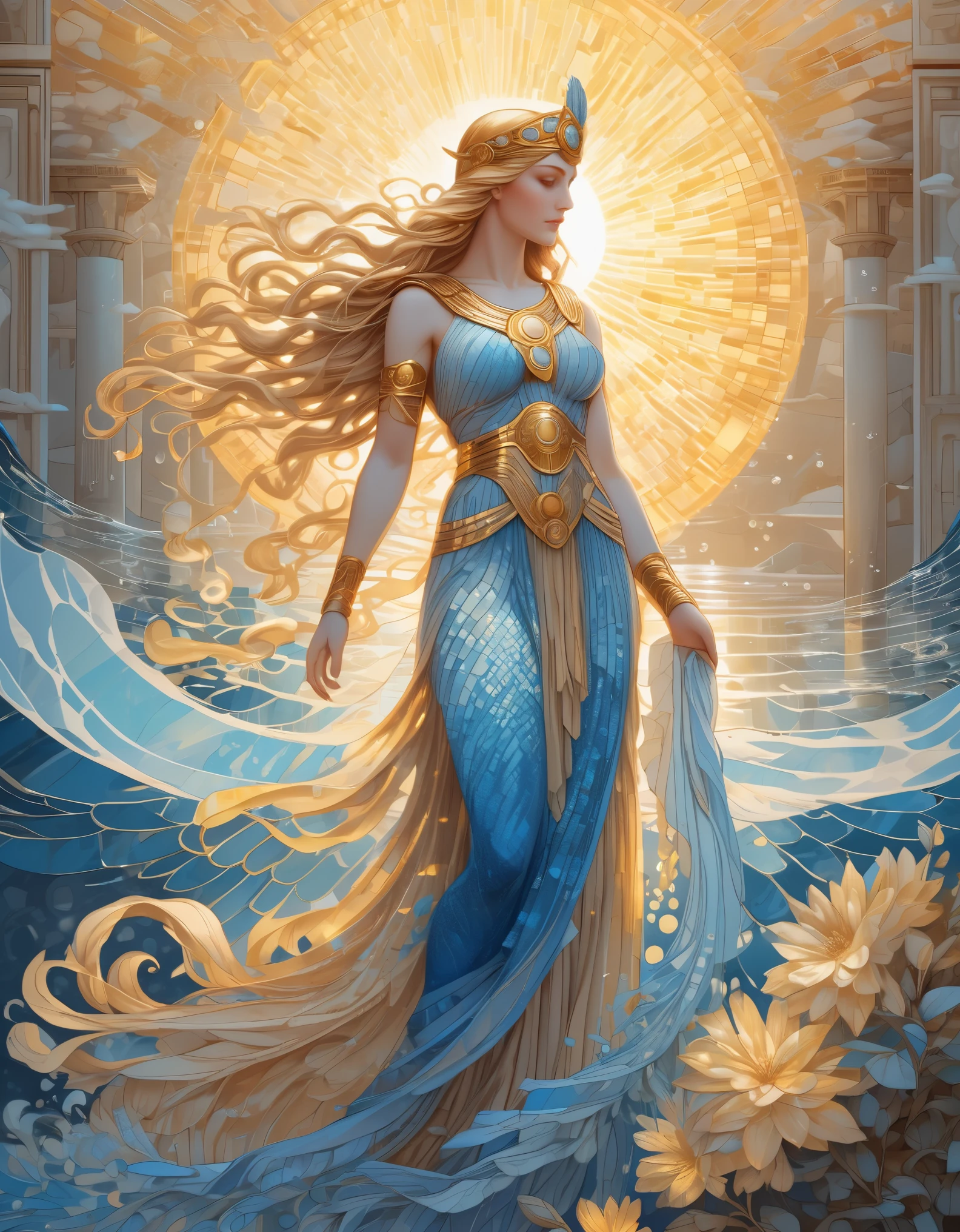 pixel art，in style of Amanda Sage, beautiful details，Beautiful goddess Athena in a blue gradient color of dissolved pixels，（whole body），Extraordinarily beautiful blue eyes，gradually decompose，Golden sunshine shines in，Partial reflection in water，