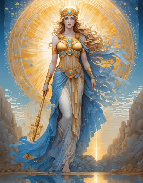 pixel art，in style of Amanda Sage, beautiful details，Beautiful goddess Athena in a blue gradient color of dissolved pixels，（whol...