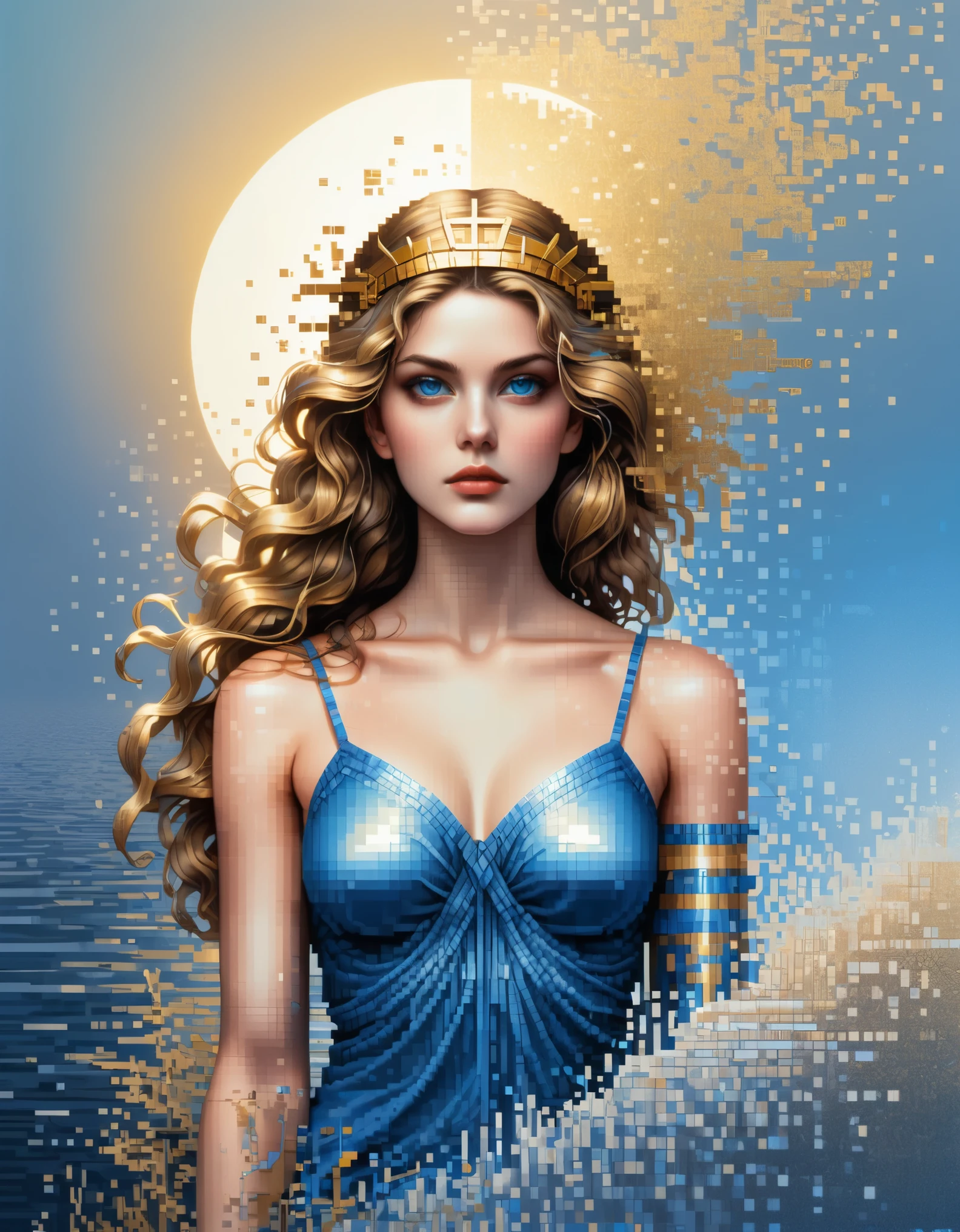 пиксель арт,в стиле Аполлонии Сенклер, красивые детали，Красивая богиня Афина в голубом градиентном цвете растворенных пикселей，（все тело），Необычайно красивые голубые глаза，постепенно разлагаться，Золотое солнце светит в，Частичное отражение в воде，