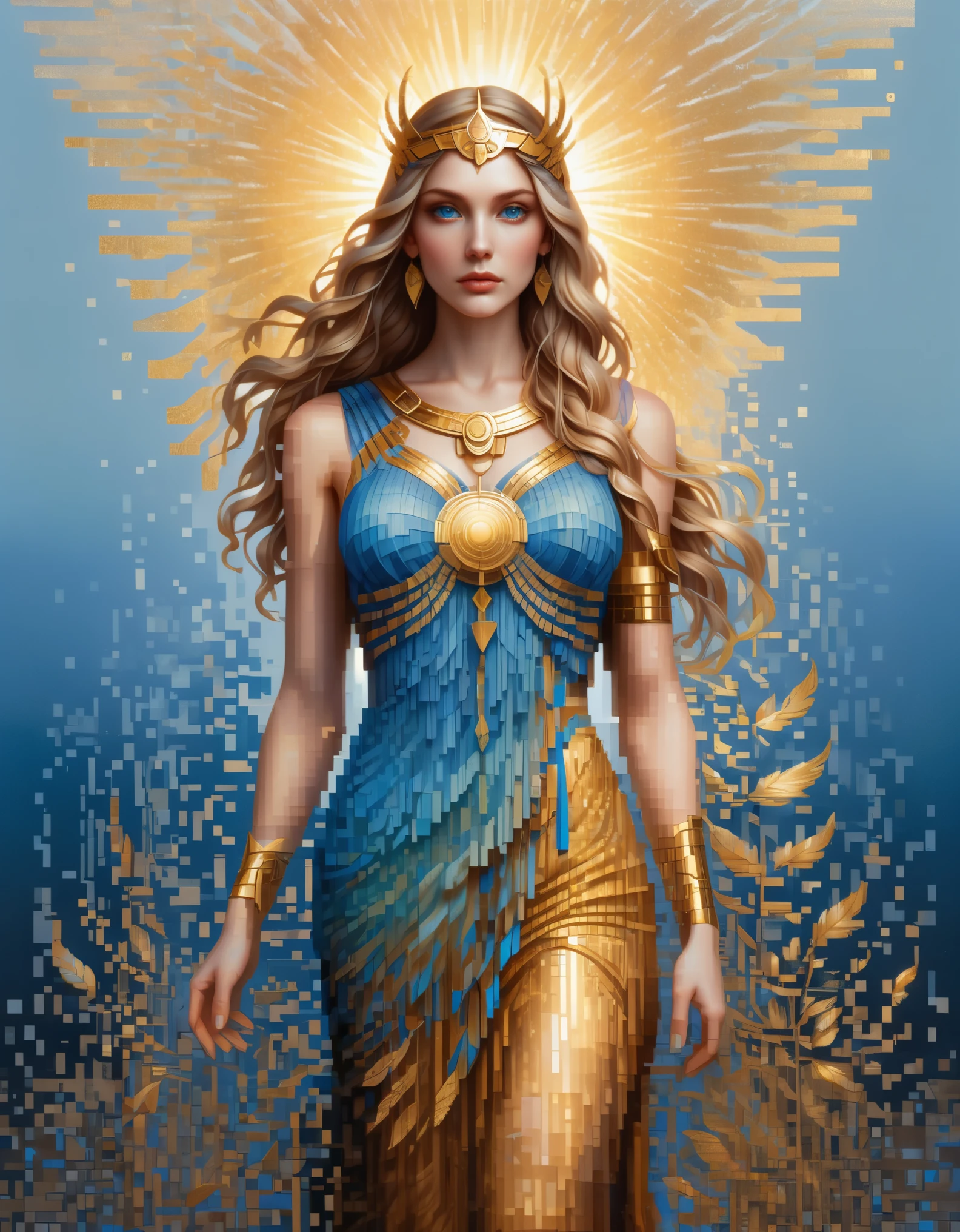 pixel art，im Stil von Amanda Sage, schöne Details，Schöne Göttin Athene in einem blauen Farbverlauf aus aufgelösten Pixeln，（ganzer Körper），Außergewöhnlich schöne blaue Augen，allmählich zersetzen，Goldener Sonnenschein scheint in，Teilreflexion im Wasser，