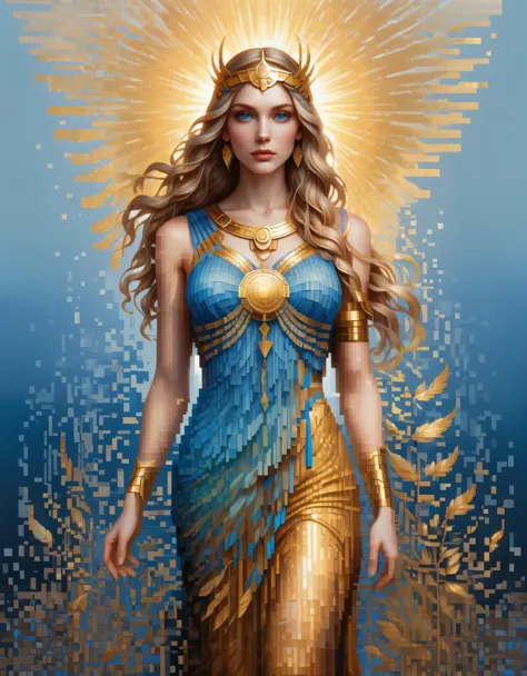 pixel art，in style of Amanda Sage, beautiful details，Beautiful goddess Athena in a blue gradient color of dissolved pixels，（whol...