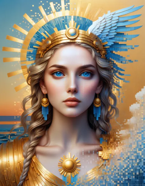 pixel art，in style of amanda sage, beautiful details，beautiful goddess athena in a blue gradient color of dissolved pixels，（whol...