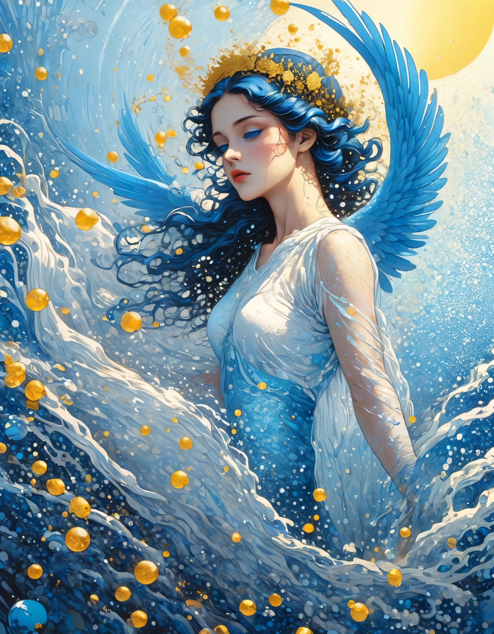 (best quality,4k,highres,masterpiece:1.2),Gradient color dissolve pixel effect,beautiful details,Apollonia Saintclair style,incredible and detailed blue eyes,long graceful dance,angelic winged figure,disintegration effect,blue gradient color scheme,golden sunlight streaming in,partial reflection in water.