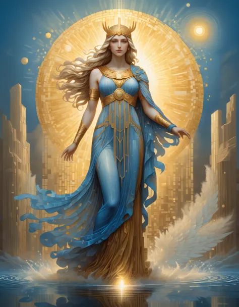 pixel art，in style of Amanda Sage, in style of Alfred Kubin, beautiful details，Beautiful goddess Athena in a blue gradient color...