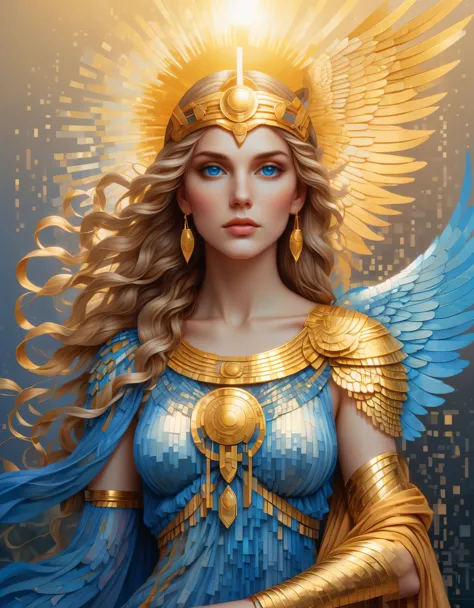 pixel art，in style of amanda sage, beautiful details，beautiful goddess athena in a blue gradient color of dissolved pixels，（whol...