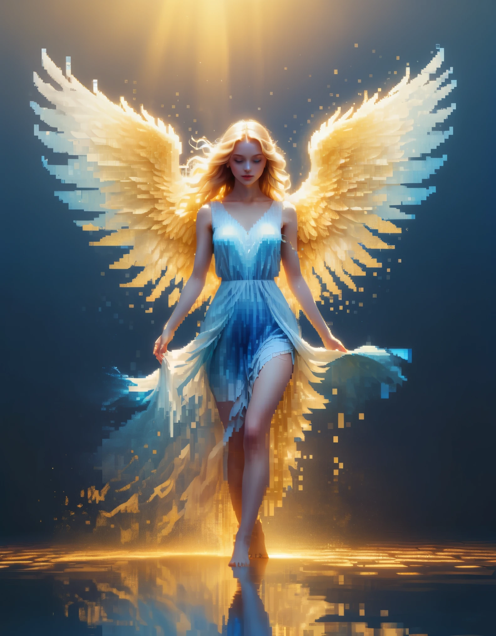 pixel art，Beautiful angel girl dancing in a blue gradient color of dissolved pixels，flying，（whole body），Extraordinarily beautiful blue eyes，gradually decompose，Golden sunshine shines in，Partial reflection in water，