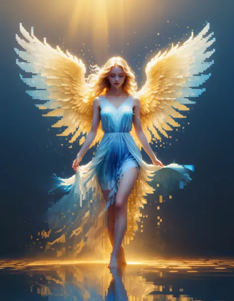 pixel art，beautiful angel girl dancing in a blue gradient color of dissolved pixels，flying，（whole body），extraordinarily beautifu...