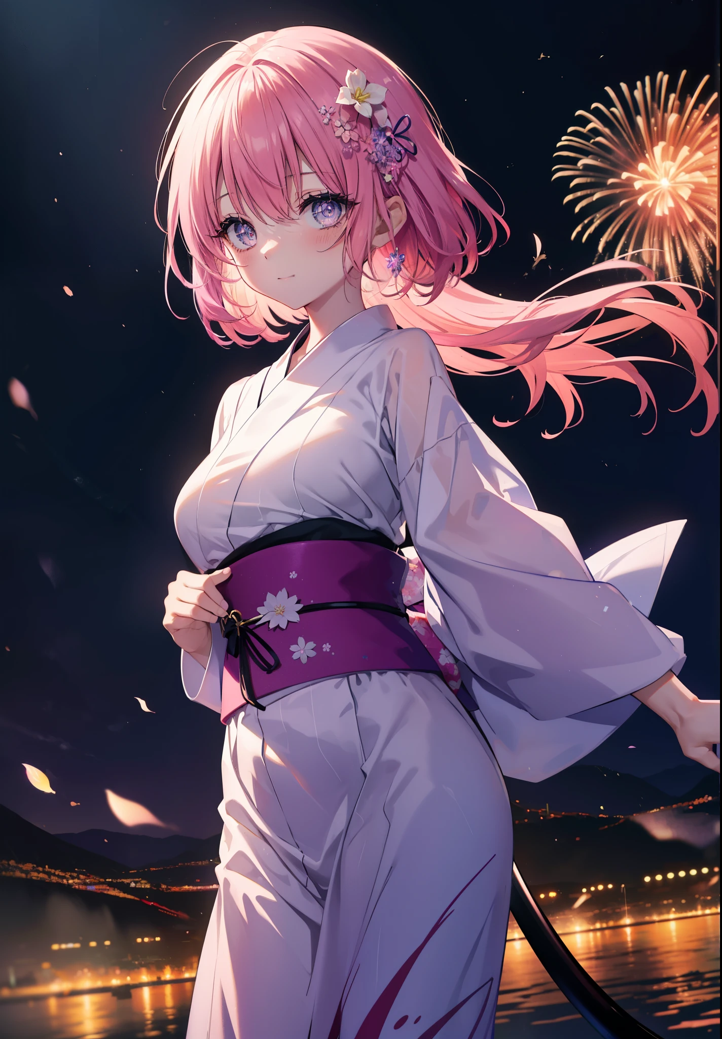 Momodel Luke, Momo model building rook, demon tail, hair flower, hair ornaments, (purple eyes:1.1), blush,smile,happy atmosphere,pink hair, long hair, tail,pink gorgeous yukata,Zori sandals,fireworks in the night sky、rise rapidly,The place is a fireworks display,Time is night,sunny day,全身がイラストに入るように
break demon tail, 
break outdoors,
break looking at viewer, (cowboy shot:1.5),
break (masterpiece:1.2), highest quality, High resolution, unity 8k wallpaper, (shape:0.8), (beautiful detailed eyes:1.6), extremely detailed face, perfect lighting, extremely detailed CG, (perfect hands, perfect anatomy),