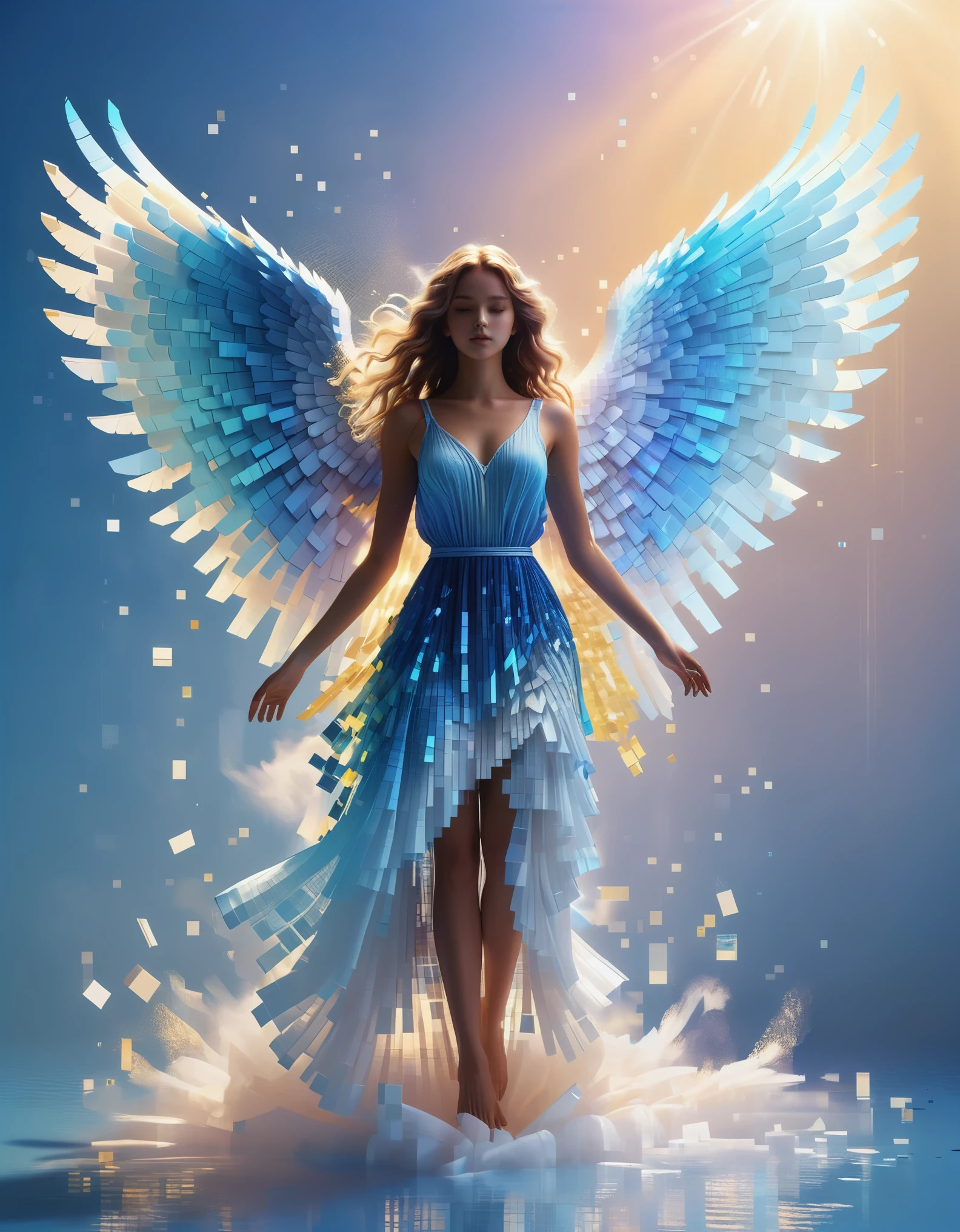 空中に浮かぶ青いグラデーションの溶解したピクセルの巨大な美しい天使の少女，飛翔する，（全身），3Dボクセル，最初は無傷だが、空気中で徐々に崩壊していく構造，日光がこぼれる，背景ホログラフィックパラダイス