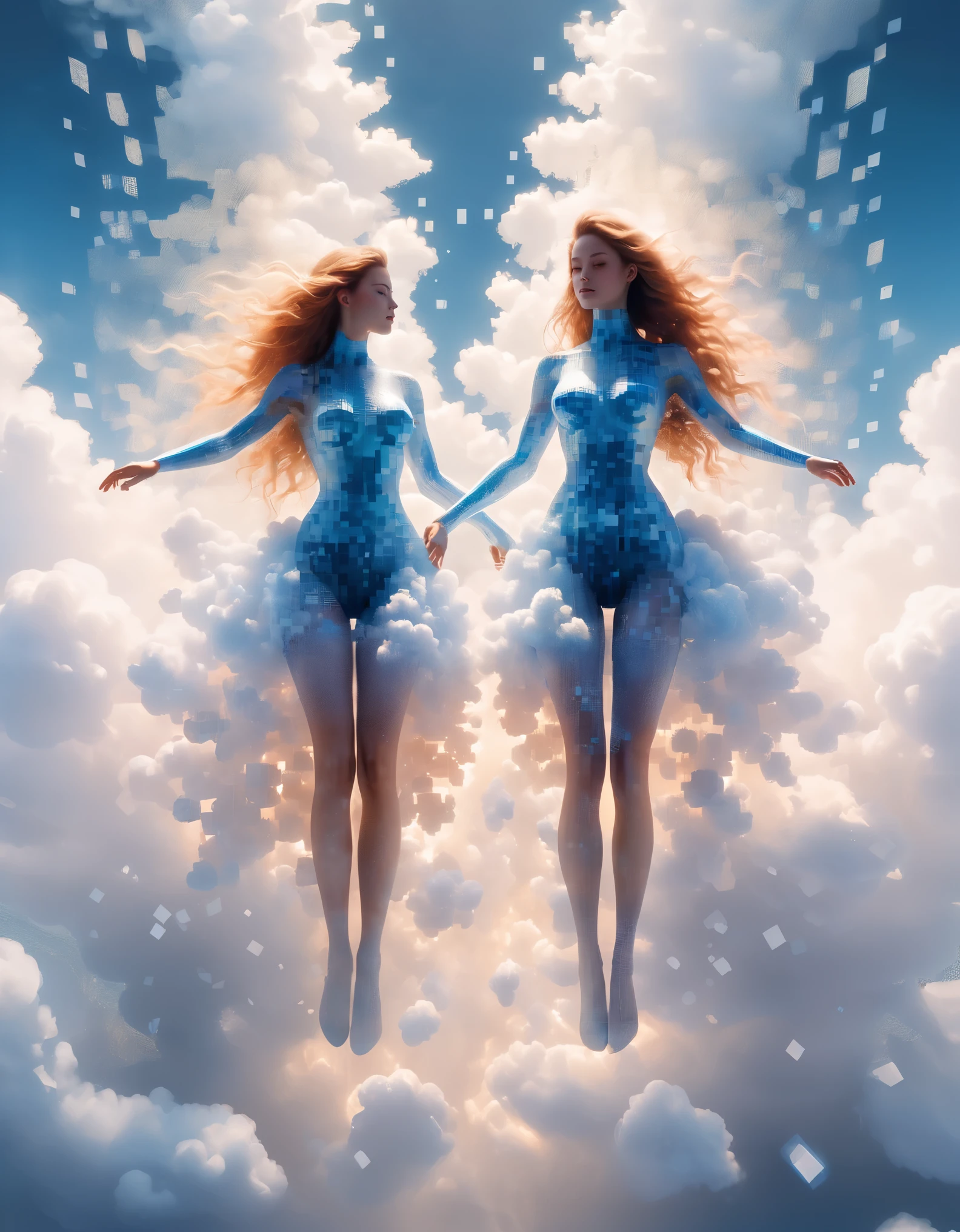 Ein blauer Farbverlauf aufgelöstes Pixel-Riesenpaar schöner Frauen, die in den Wolken schweben，（ganzer Körper），3D voxels，Eine Struktur, die zunächst intakt ist, sich jedoch allmählich in der Luft auflöst，Sonnenlicht dringt ein，Hintergrund holographisches Universum Raum