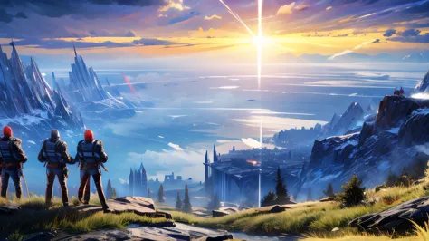 The developers stand triumphant at the summit of a mountain, overlooking a vast landscape filled with futuristic cities and adva...