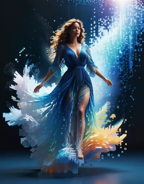 A blue gradient dissolved pixel giant beautiful woman floats in the air，（whole body），3D voxels，A structure that starts out intac...