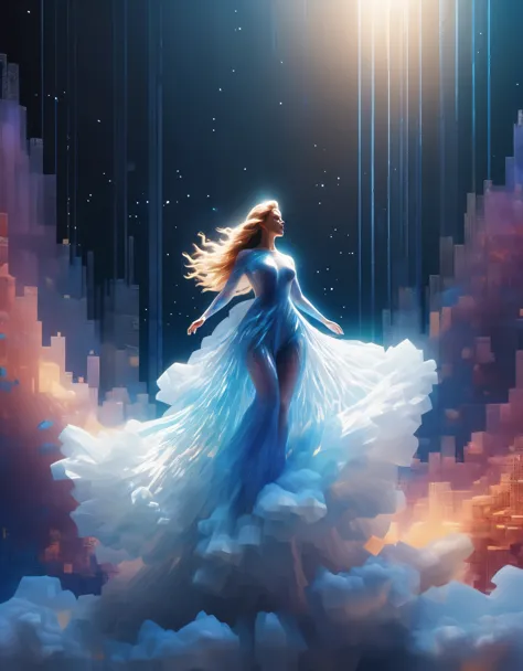 A blue gradient dissolved pixel giant beautiful woman floats in the air，（whole body），3D voxels，A structure that starts out intac...