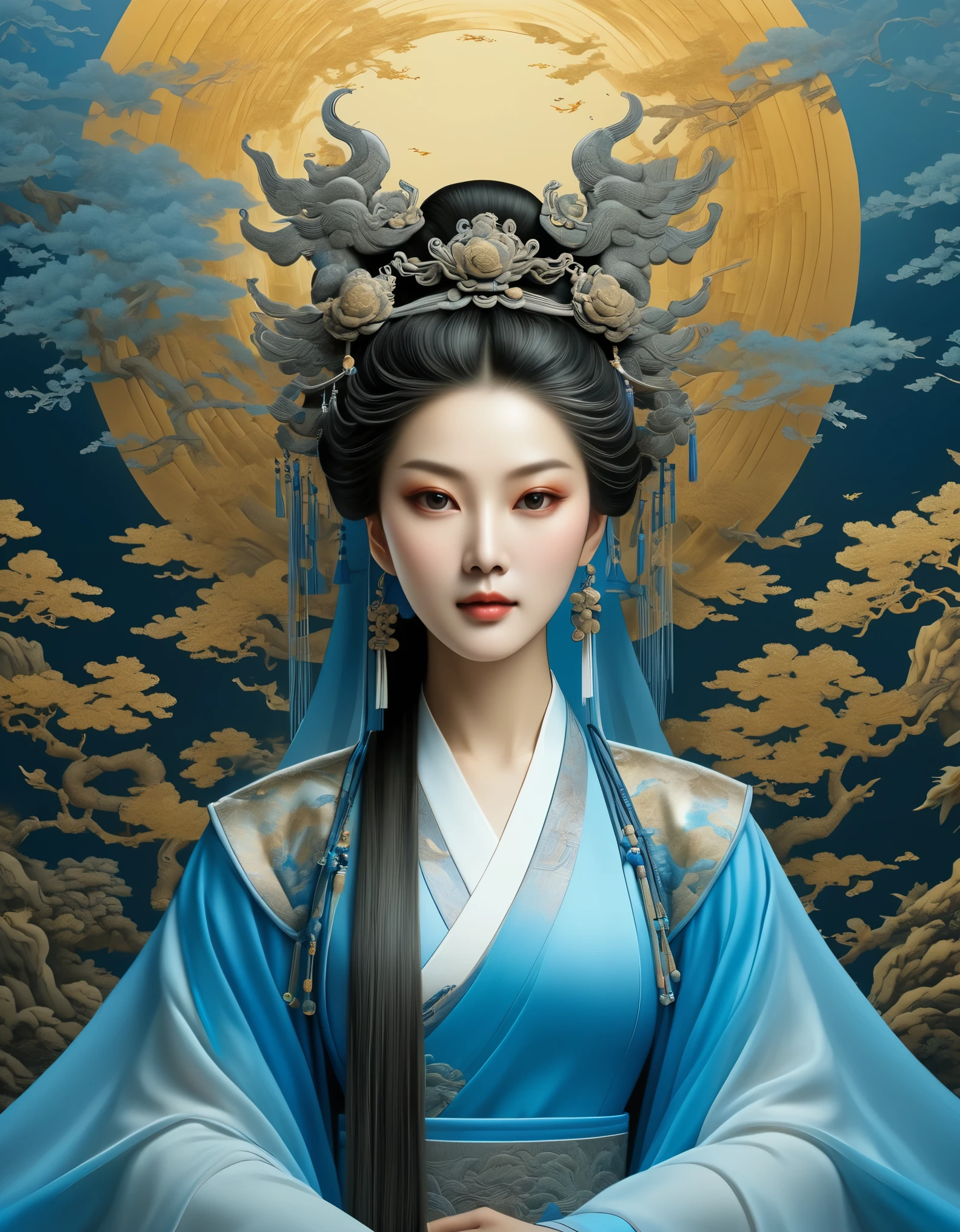 (best quality,4k,8k,highres,masterpiece:1.2),ultra-detailed,(realistic,photorealistic,photo-realistic:1.37), pixel art,Portrait of the beautiful lady Yang Guifei of the Tang Dynasty in China, extra long hair，beautiful detailed face, vibrant blue gradient, dissolve effect, intact structure gradually decomposing in mid-air, sunlight streaming through partially hollowed-out sections, holographic cosmic space background