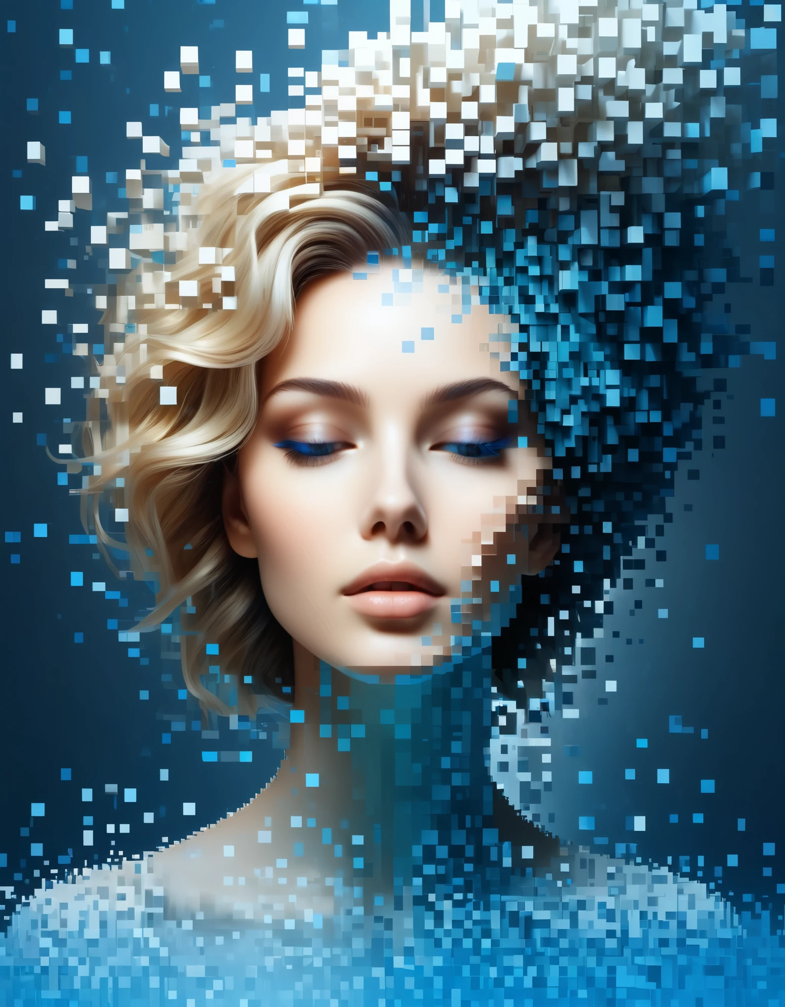 Uma parede de pixel dissolvida em cor gradiente azul de uma linda mulher&#39;cabeça，Blocos de voxel 3D，Uma estrutura que começa intacta, mas gradualmente se desintegra no ar，A luz solar brilha através do parcialmente oco，Espaço holográfico do universo de fundo
