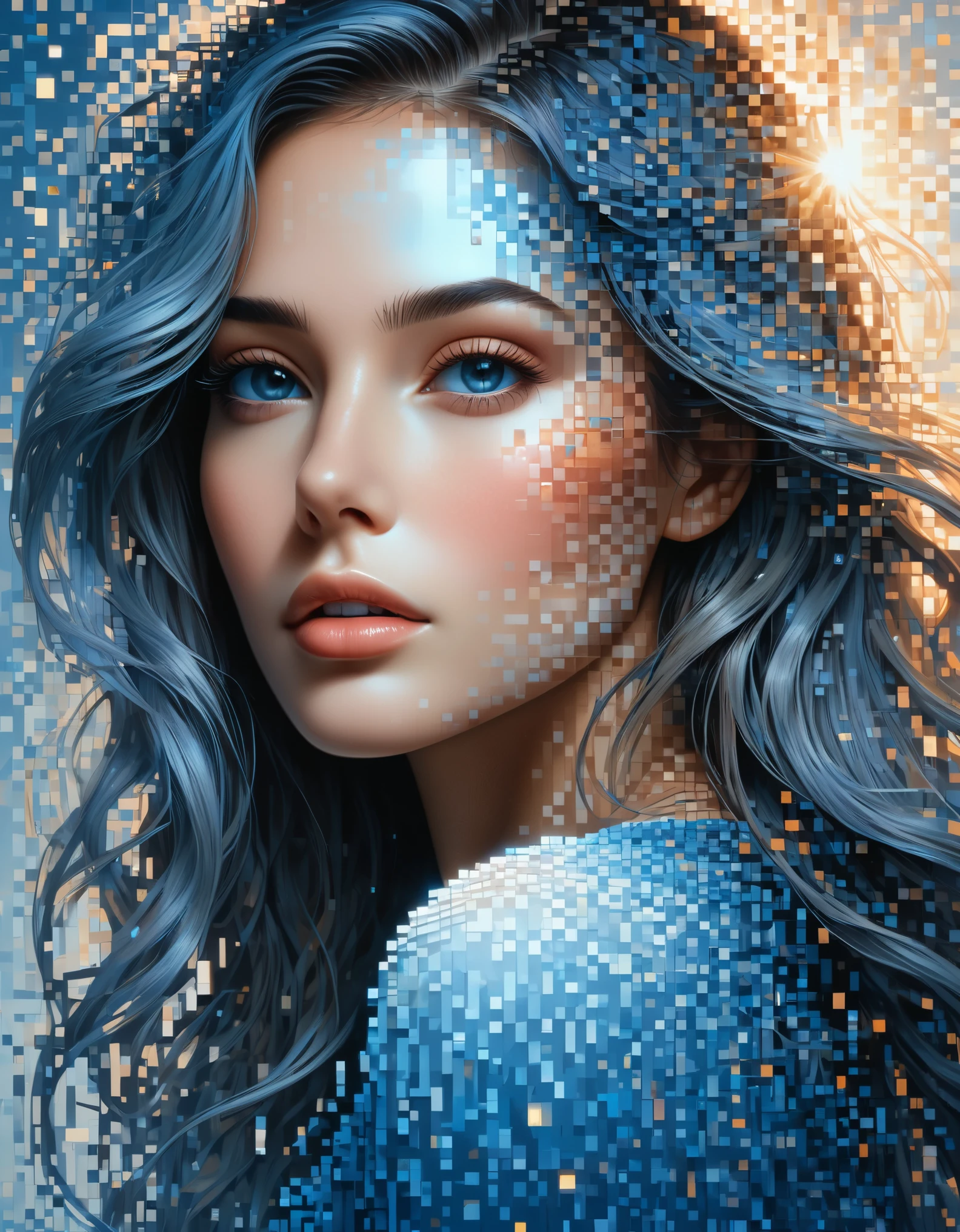 (mejor calidad,4k,8K,alta resolución,obra maestra:1.2),ultra detallado,(Realista,photoRealista,photo-Realista:1.37), arte de pixel, retrato de mujer, pelo extra largo，hermoso rostro detallado, vibrant blue gradient, efecto de disolución, Estructura intacta descomponiéndose gradualmente en el aire., La luz del sol se filtra a través de secciones parcialmente ahuecadas, Fondo espacial cósmico holográfico