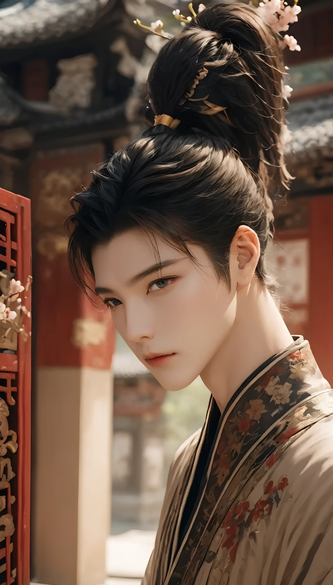 (masterpiece, best quality:1.2),1boy,black hair,blurry background,brown eyes,chinese clothes,Short hair,ancient Chinese architecture,standing,Black Zhongshan suit,Middle split head,depth of field,floral print,lips,Long hair,solo,upper body
