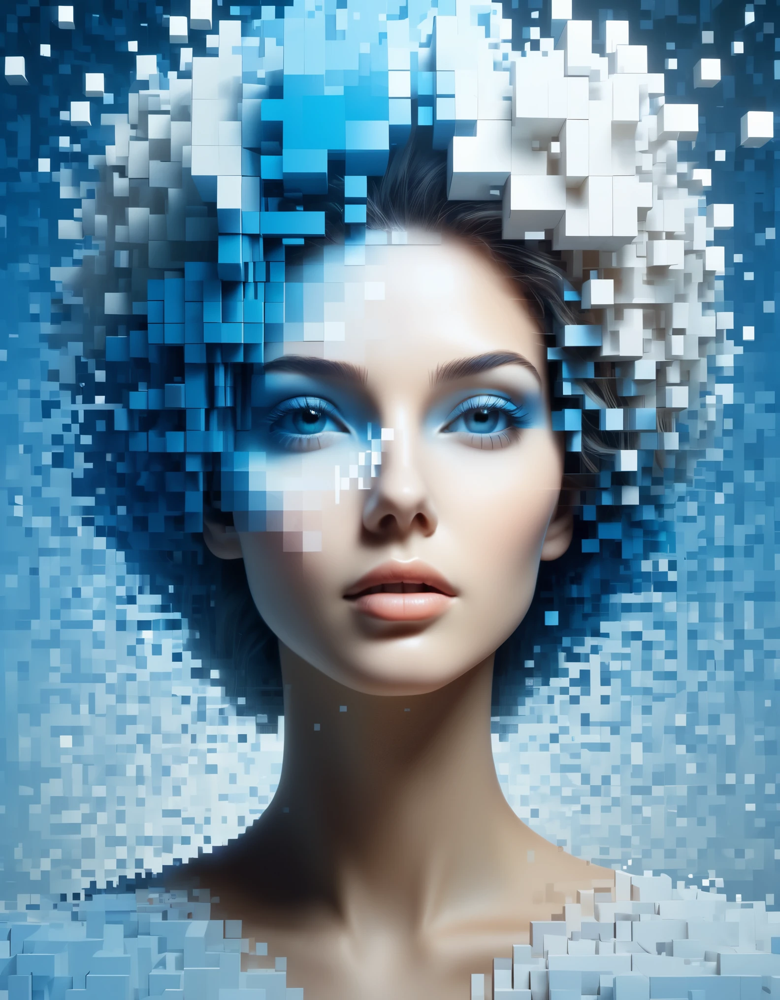 아름다운 여성의 파란색 그라데이션 색상이 용해된 픽셀 벽&#39;머리，3D 복셀 블록，처음에는 손상되지 않았지만 점차 공기 중에서 분해되는 구조，부분적으로 움푹 패인 틈으로 햇빛이 들어온다.，배경 홀로그램 우주 공간