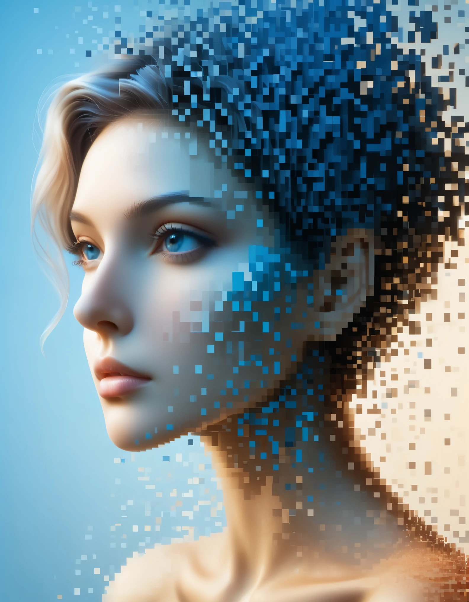 A blue gradient color dissolved pixel wall of a beautiful woman&#39;s head，3D voxel blocks，A structure that starts out intact but gradually disintegrates in the air，Sunlight shines in through the partially hollowed out，background universe