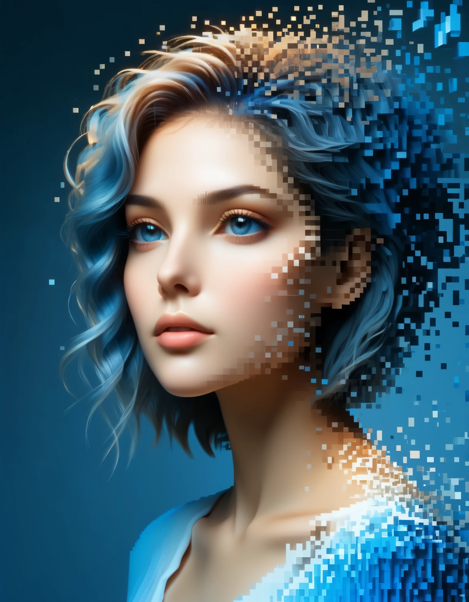 美しい女性の青いグラデーションカラーの溶解ピクセル壁&#39;頭，3Dボクセルブロック，最初は無傷だが、空気中で徐々に崩壊していく構造，部分的にくり抜かれた部分から日光が差し込む，背景宇宙