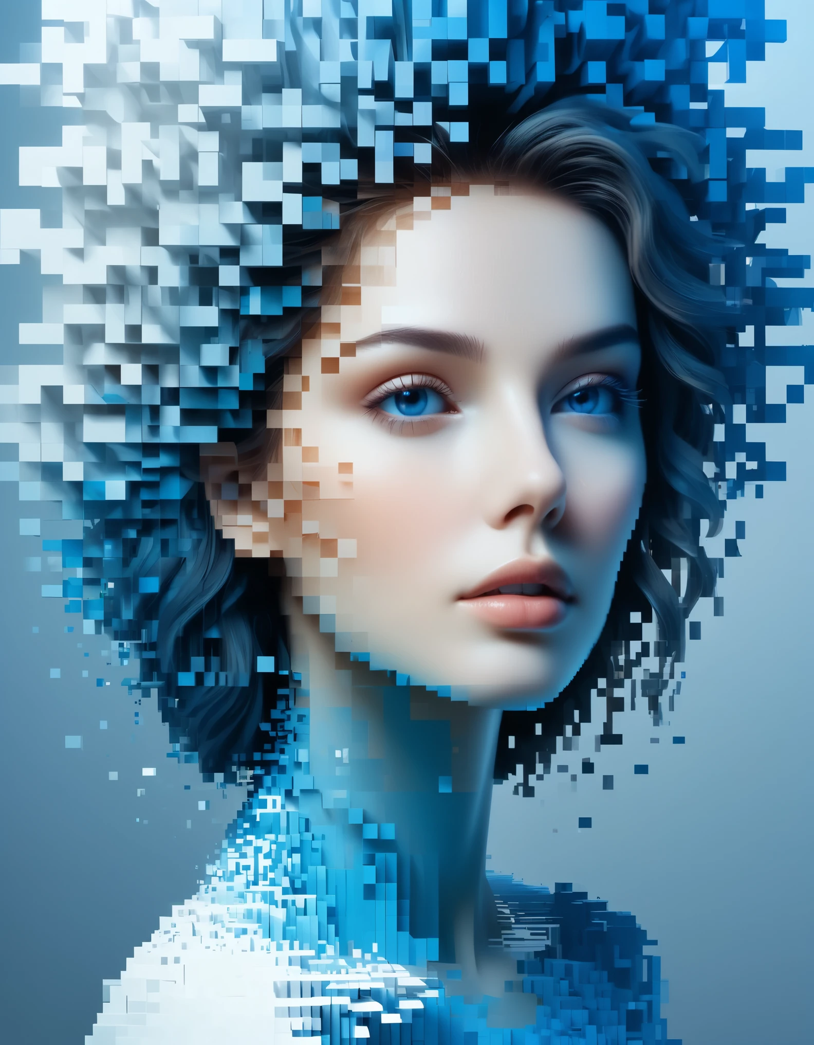 Eine blaue, farbverlaufsaufgelöste Pixelwand einer schönen Frau&#39;Kopf，3D voxel blocks，Eine Struktur, die zunächst intakt ist, sich jedoch allmählich in der Luft auflöst，Sonnenlicht fällt durch die teilweise ausgehöhlten，Hintergrund holographisches Universum Raum