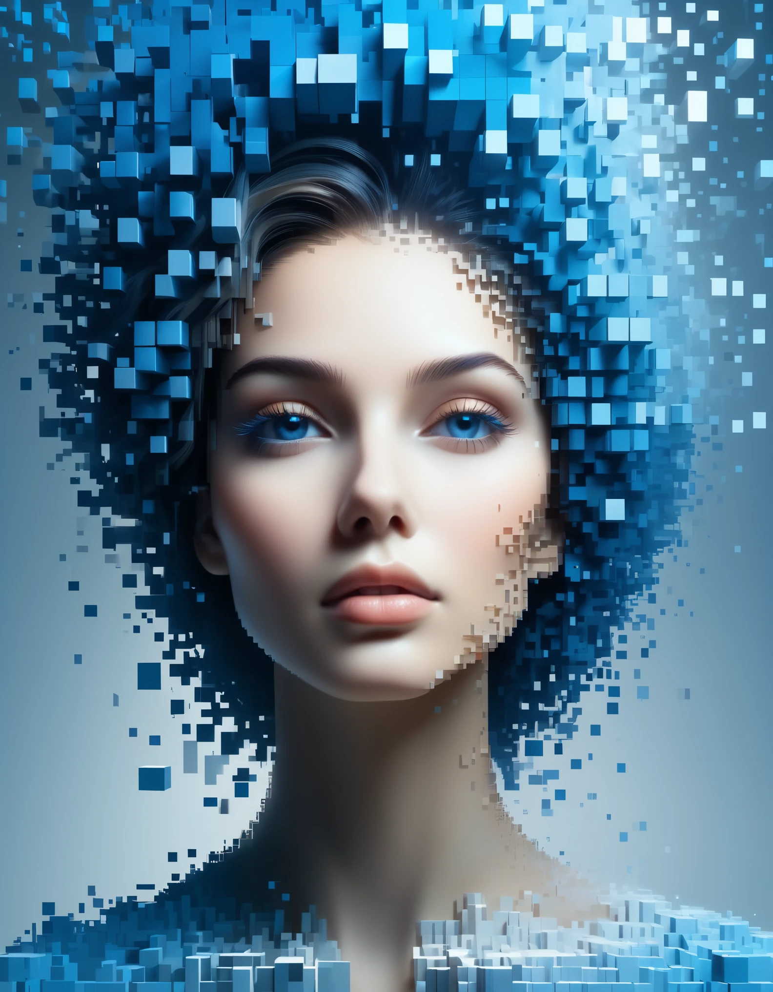 A blue gradient color dissolved pixel wall of a beautiful woman&#39;s head，3D voxel blocks，A structure that starts out intact but gradually disintegrates in the air，Sunlight shines in through the partially hollowed out，Background holographic universe space