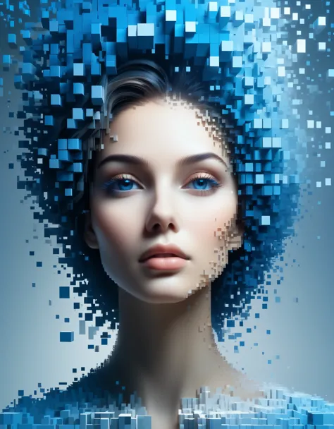 a blue gradient color dissolved pixel wall of a beautiful woman&#39;s head，3d voxel blocks，a structure that starts out intact bu...