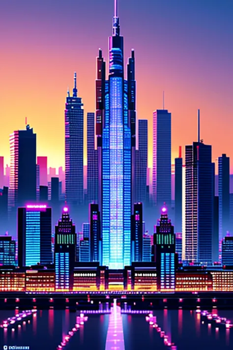 create a pixel art representation of a futuristic cityscape at sunset. the city should be depicted as a sprawling metropolis wit...