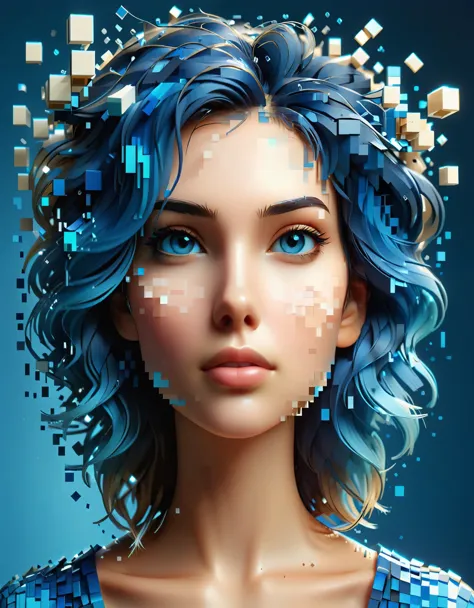 a blue gradient color dissolved pixel wall of a beautiful woman&#39;s head，3d voxel blocks，a structure that starts out intact bu...