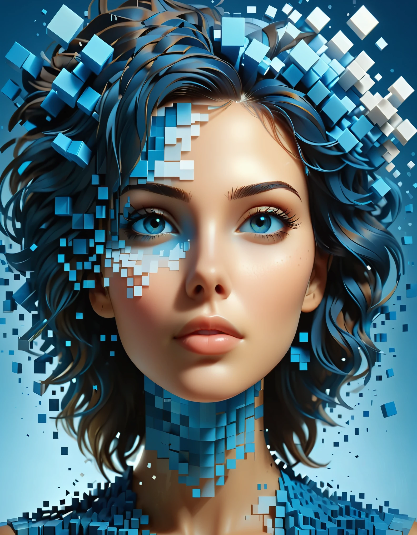 美しい女性の青いグラデーションカラーの溶解ピクセル壁&#39;頭，3Dボクセルブロック，最初は無傷だが、空気中で徐々に崩壊していく構造，部分的にくり抜かれた部分から日光が差し込む，背景宇宙