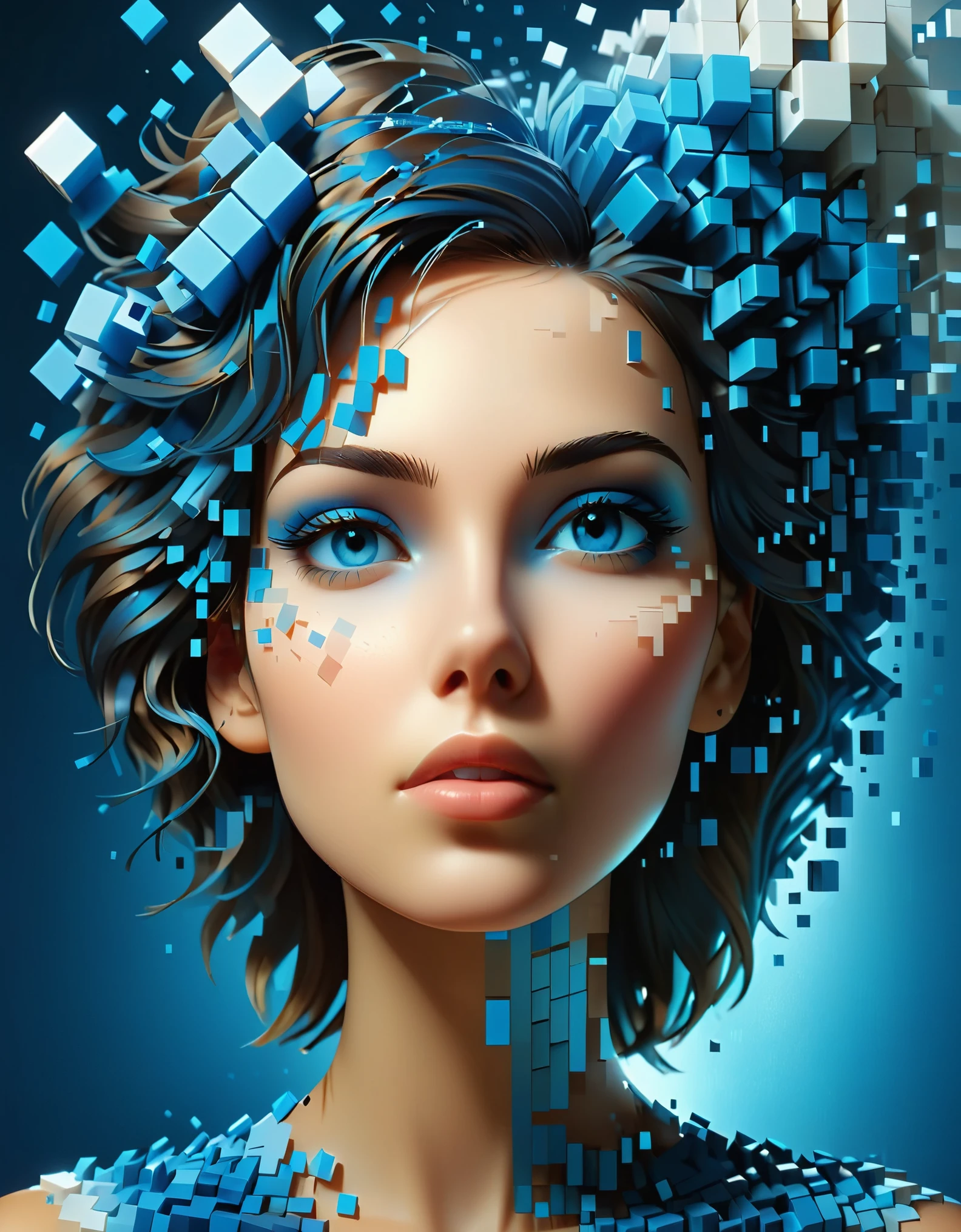 Eine blaue, farbverlaufsaufgelöste Pixelwand einer schönen Frau&#39;Kopf，3D voxel blocks，Eine Struktur, die zunächst intakt ist, sich jedoch allmählich in der Luft auflöst，Sonnenlicht fällt durch die teilweise ausgehöhlten，Hintergrund Universum