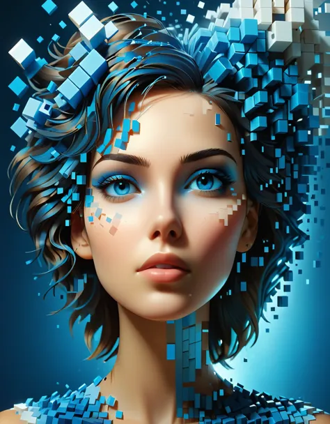 A blue gradient color dissolved pixel wall of a beautiful woman&#39;s head，3D voxel blocks，A structure that starts out intact bu...