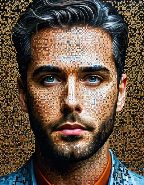 AI man photo mosaic art，pixel art，