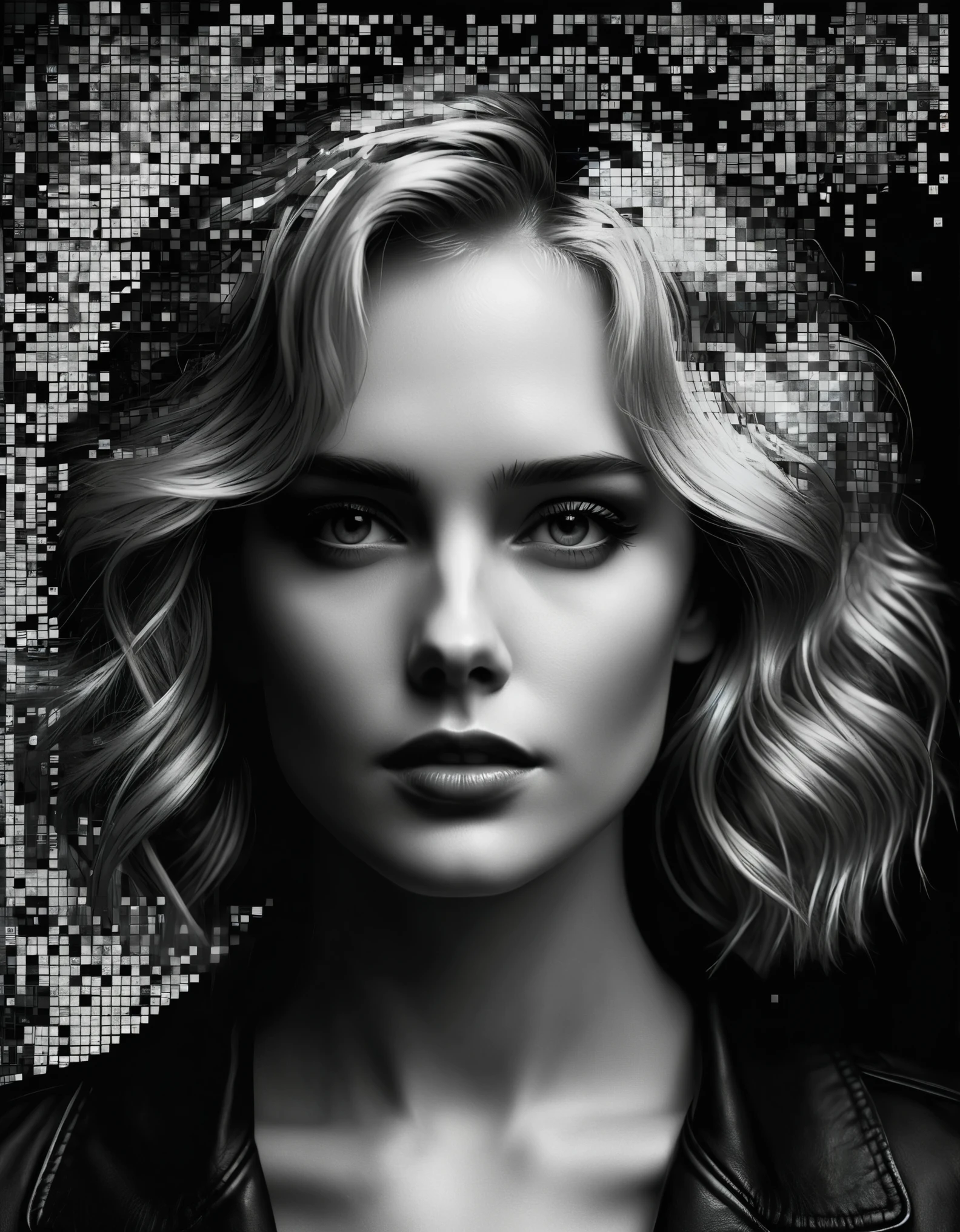 art by a woman whose face is made of pixelated images, in the style of dark black and white, karl kopinski, detailed imagery, pegi nicol macleod, psychological depth in characters, modular, roger deakins