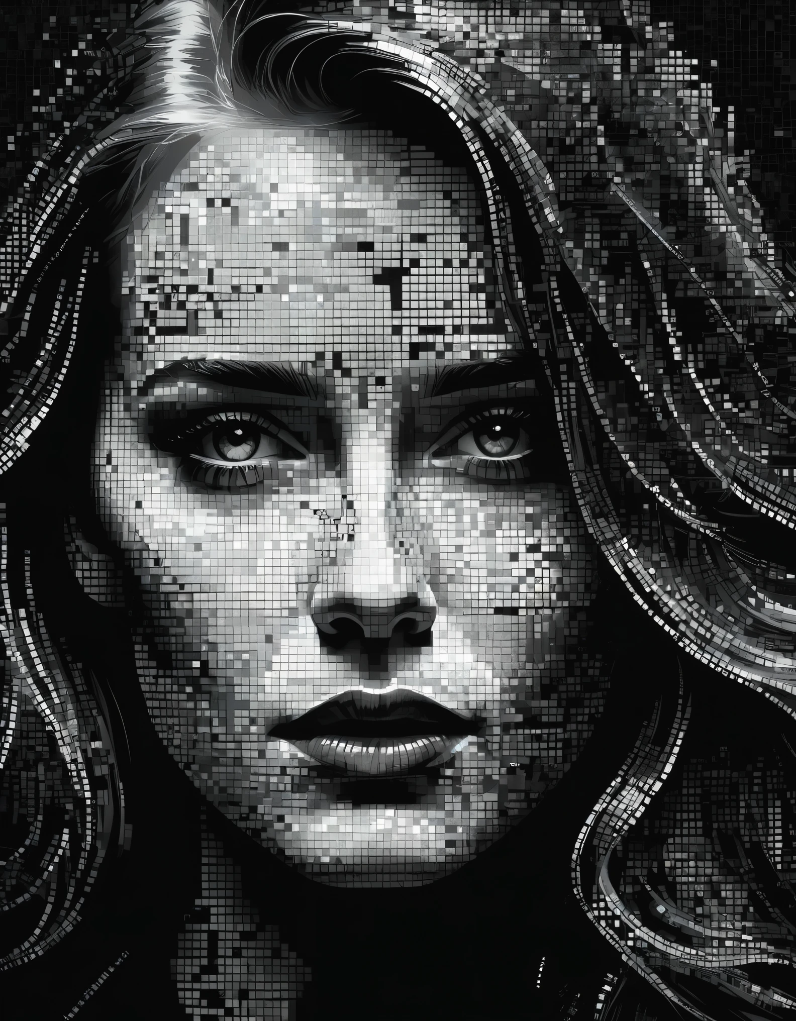 art by a woman whose face is made of pixelated images, in the style of dark black and white, karl kopinski, detailed imagery, pegi nicol macleod, psychological depth in characters, modular, roger deakins