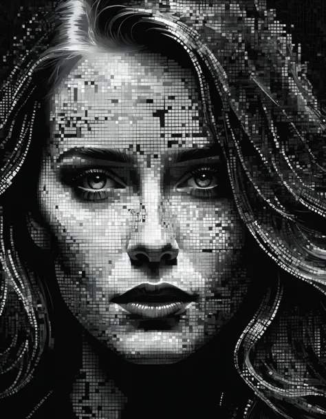 art by a woman whose face is made of pixelated images, in the style of dark black and white, karl kopinski, detailed imagery, pe...