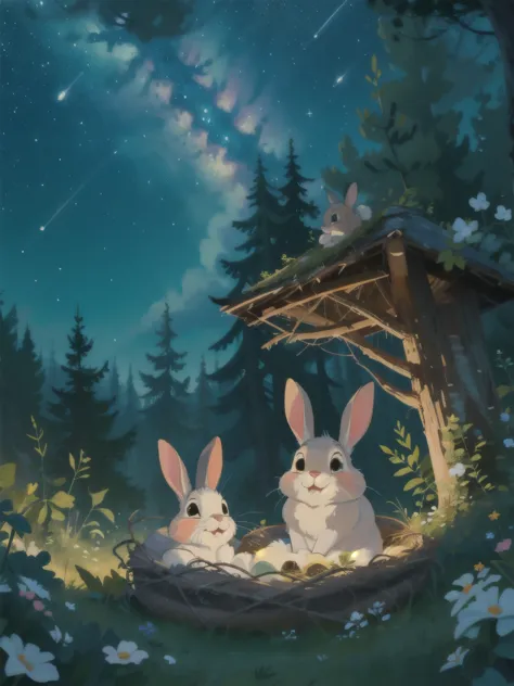 forest under the starry sky at night，two rabbits，rabbit lying in the nest，rabbit sitting on the edge of the nest，disney style，ca...