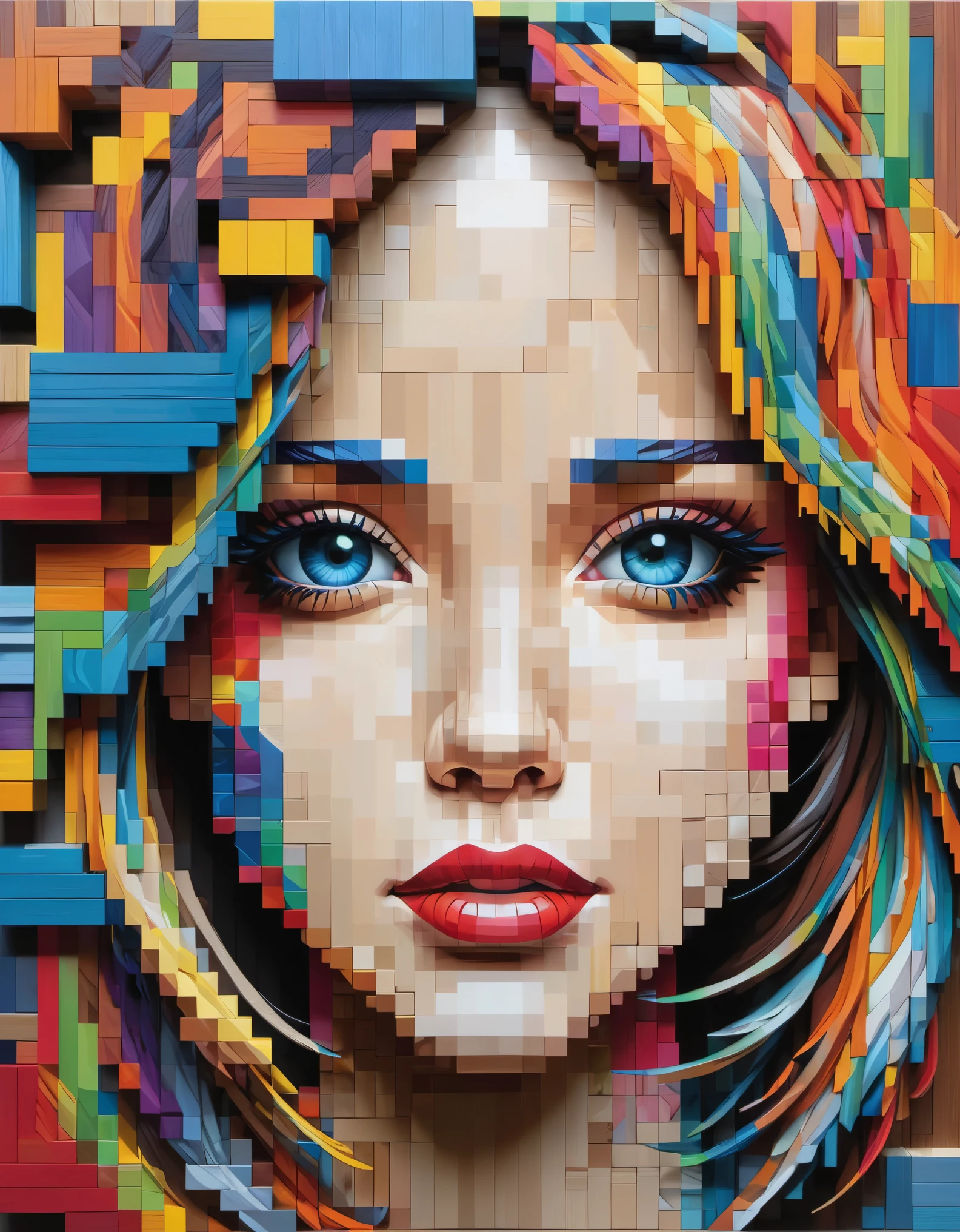 pixel art，Australian artist Gil Bruvel uses colorful wooden blocks to create three-dimensional pixelated portraits of girls