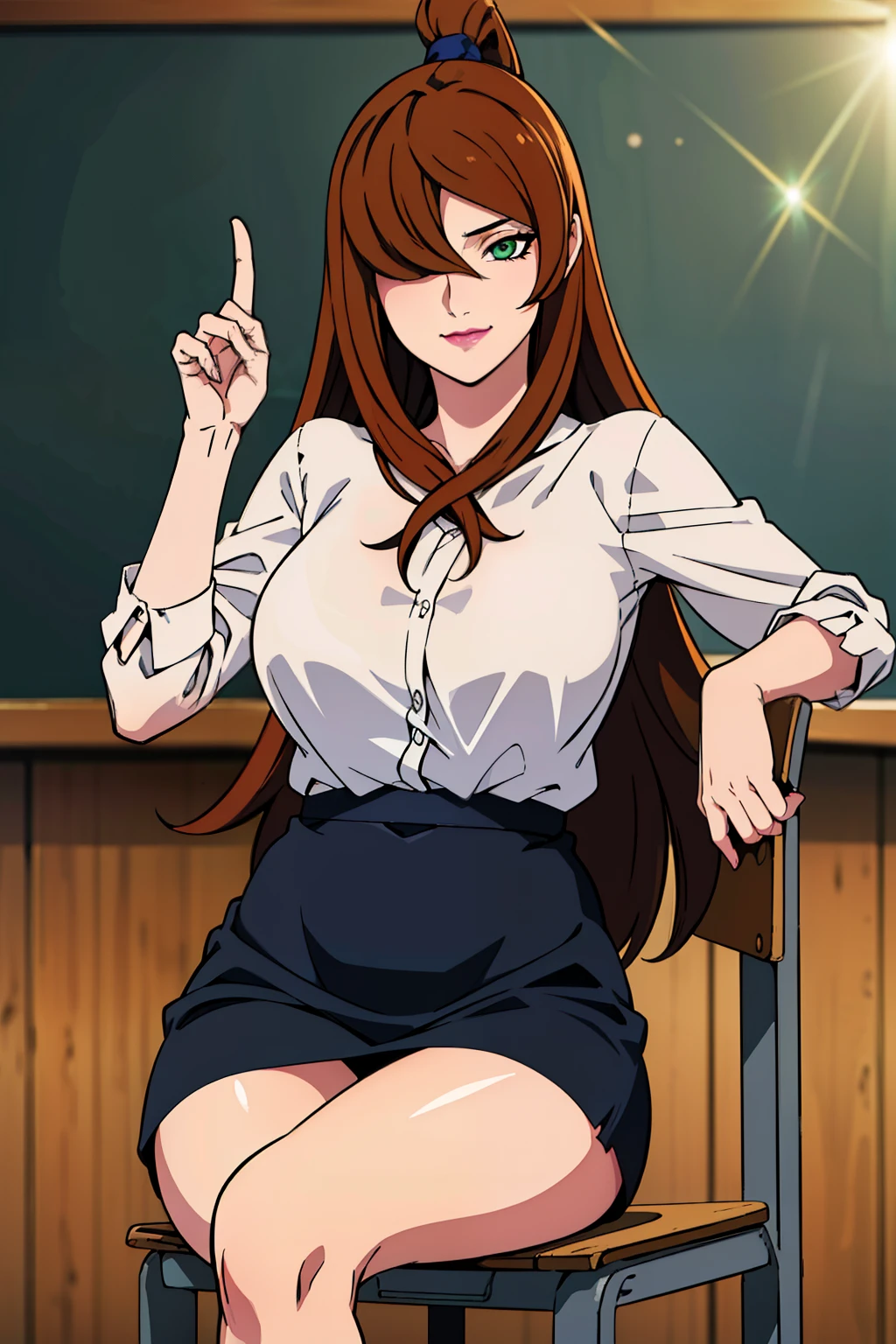 Sitting on chair, (White shirt), (black short skirt), classroom background, mei terumi, oda non style, anime cels style, smiling, long hair, brown hair, (ponytail), green eyes, ((hair over one eye)), (pink lipstick), best quality, high resolution, (cowboy shot, 1 girl, 30yo,Young female,Beautiful Finger,Beautiful long legs,Beautiful body, Beautiful Nose,Beautiful character design, perfect eyes, perfect face,expressive eyes, perfect balance, looking at viewer,(Focus on her face), official art,extremely detailed CG unity 8k wallpaper, perfect lighting,Colorful, Bright_Front_face_Lighting,White skin, (masterpiece:1.0),(best_quality:1.0), ultra high res,4K,ultra-detailed, photography, 8K, HDR, highres, absurdres:1.2, Kodak portra 400, film grain, blurry background, bokeh:1.2, lens flare, (vibrant_color:1.2),professional photograph, (Beautiful,large_Breasts:1.4), (beautiful_face:1.5),(narrow_waist)