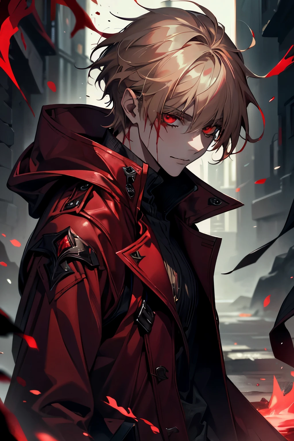 Solo, male, red coat, red eyes , straight facial, short Length hair, blonde and gradiant black streaks color, blood magic, blood