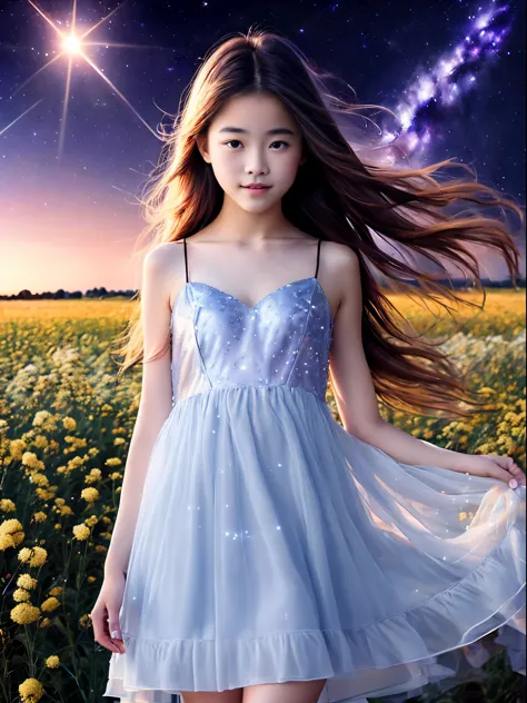 8K、12-year-old beautiful girl, length hair, starryskybackground、detailed beautiful faces、see-through camisole dresses, flower fi...