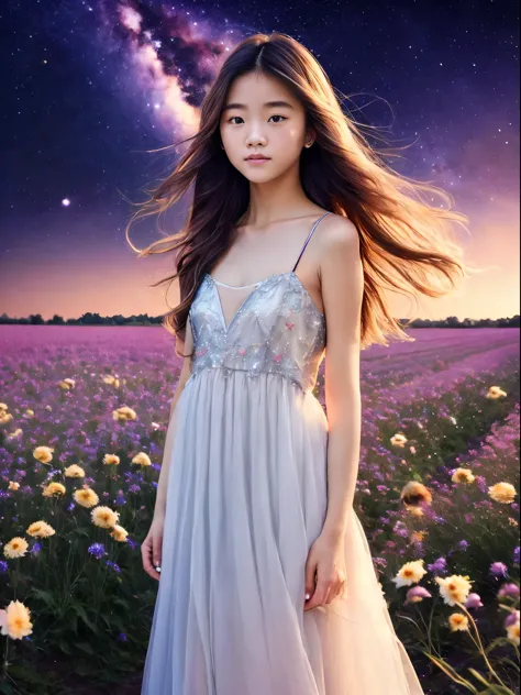 8K、12-year-old beautiful girl, length hair, starryskybackground、detailed beautiful faces、see-through camisole dresses, flower fi...