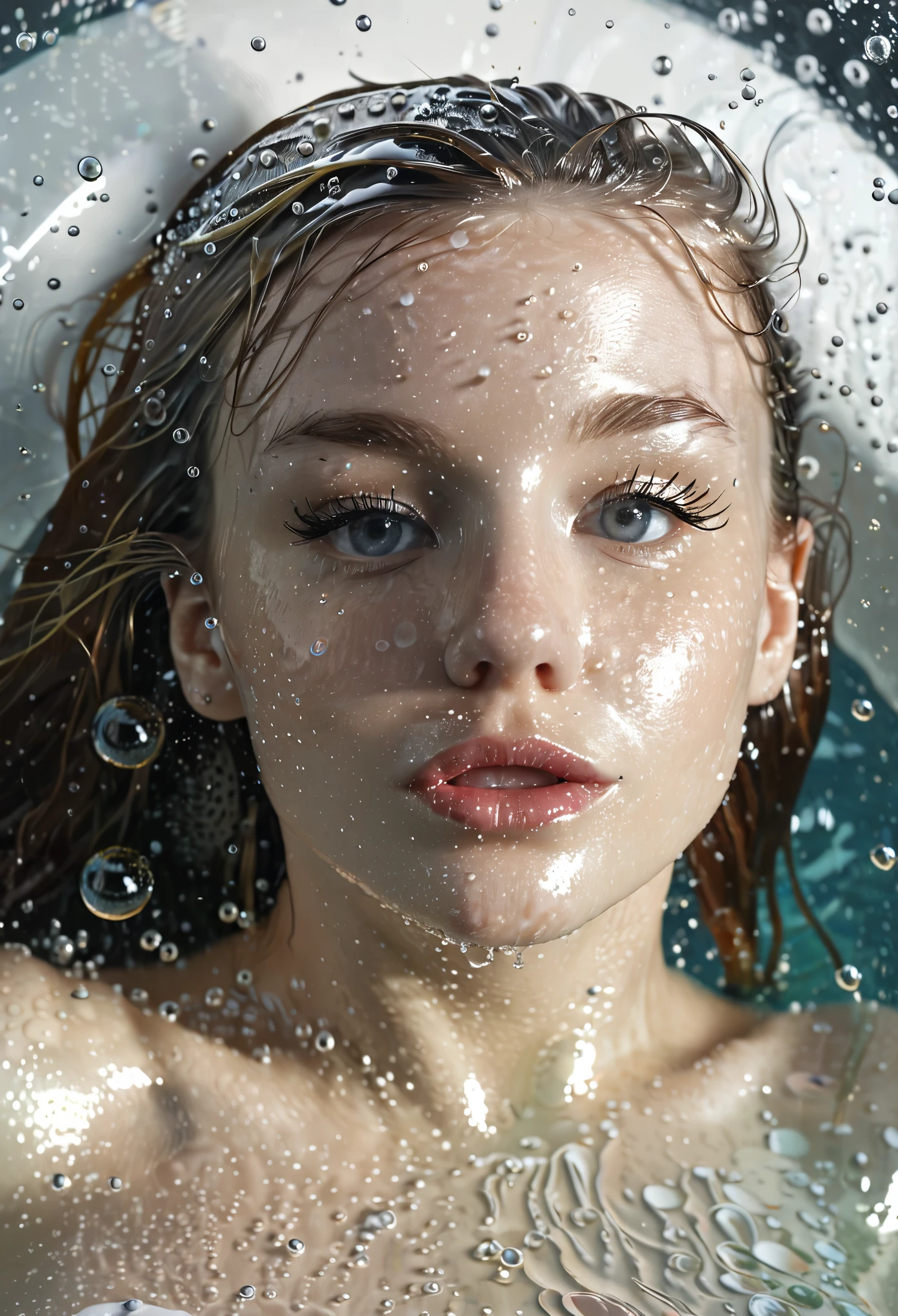 A girl in a whirlpool with a glass of champagne,beautiful detailed eyes,beautiful detailed lips,extremely detailed eyes and face,long eyelashes,water splashing scene,sparkling water,shimmering dress,relaxing expression,surrounded by bubbles,flowing long hair,reflective surface,soft lighting,studio lighting,portrait,romantic,ethereal,highres,ultra-detailed,photorealistic.