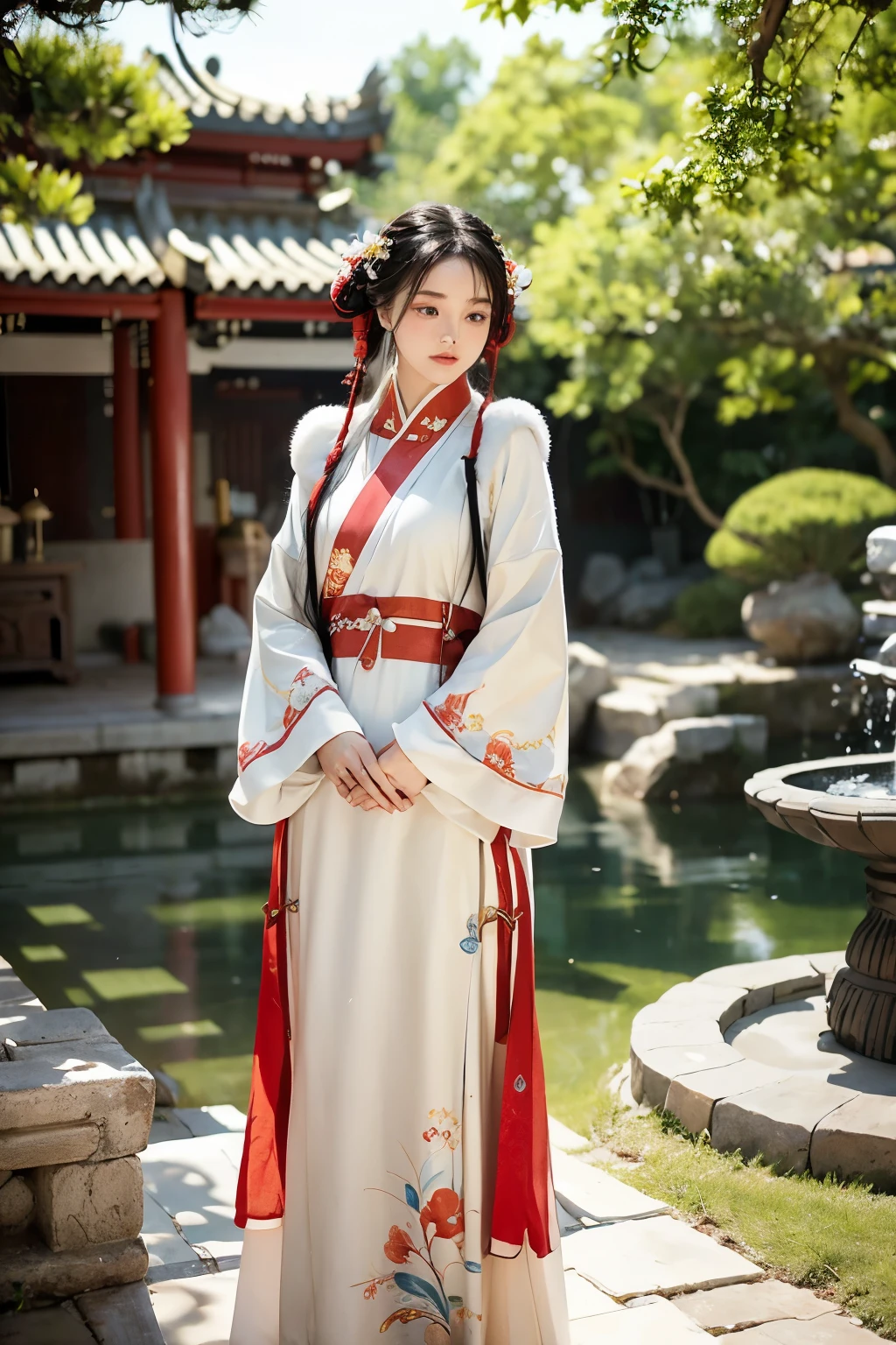 In the heart of a serene Chinese garden, a young wuxia heroine dons authentic hanfu attire. She stands gracefully, her sleeves delicately brushing against the vibrant blossoms around her. Her intricately patterned robes shimmer in the soft sunlight, adorned with vibrant colors and intricate phoenix designs. Her elegantly bound hair cascades down her back, loose tendrils framing her lovely features. Her eyes, bright and focused, hold a determined gaze, as if in deep thought. The gentle breeze rustles the flowers, while the calming sound of trickling water from the nearby fountain adds to the peaceful ambiance. This scene,