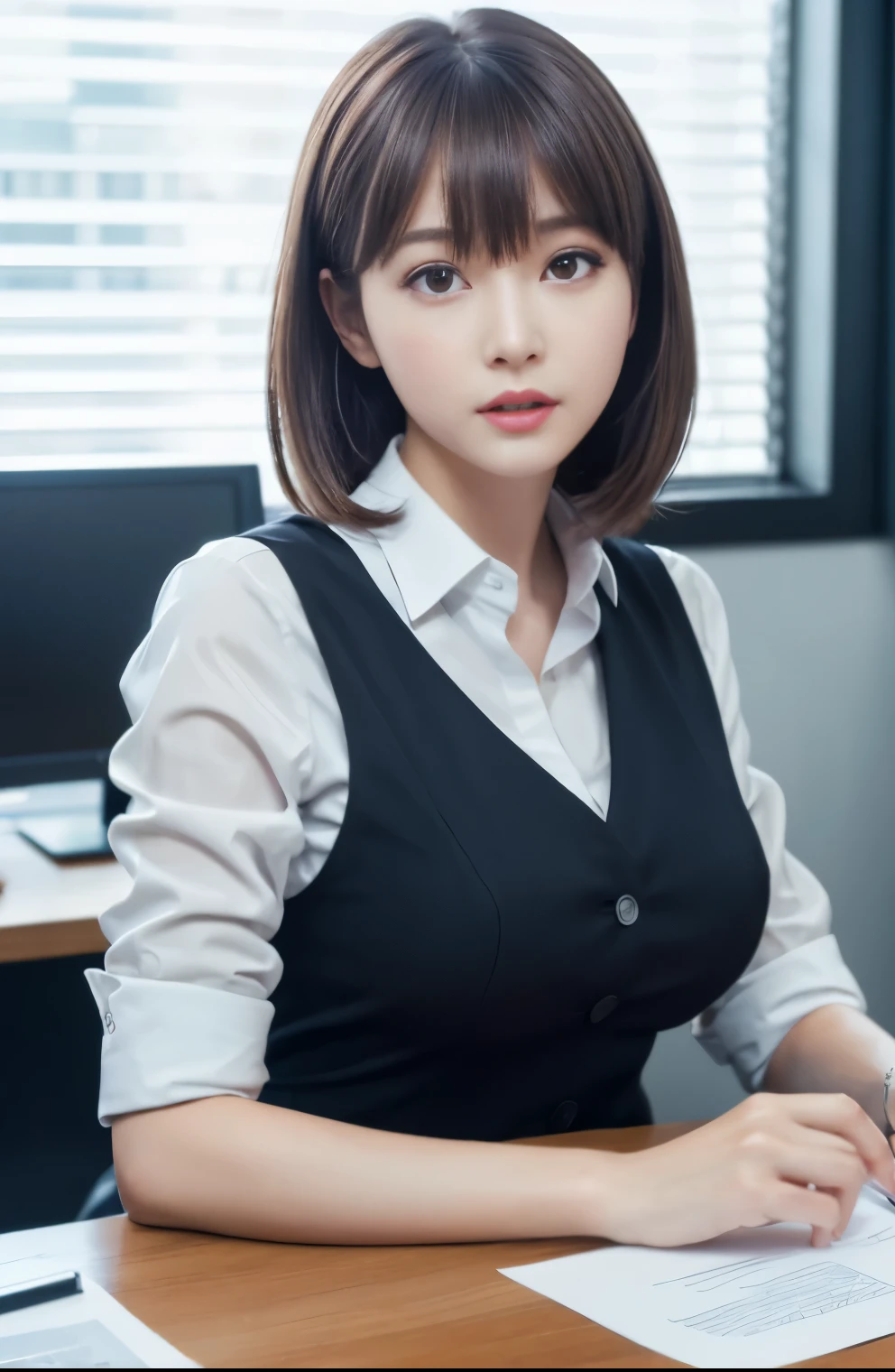 table top, highest quality, super detailed, finely, High resolution, 8k wallpaper, perfect dynamic composition, Beauty、、pat shoulders、beautiful and fine eyes,small face、neat girl、Slender、thin body、slender、white business shirt、natural color lip,office, get to the desk、a lot of documents on the desk,、hit the keyboard、My eyes are on the desktop、 brown hair、short bob、bangs bangs、beautiful breasts,slender体型、 in trouble、grim expression、