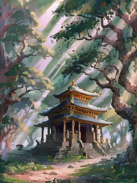 masterpiece, top quality, best quality, ancient stone temple in the jungle, (jungle), (tyndall effect, sunlight:1.2), giant tree...