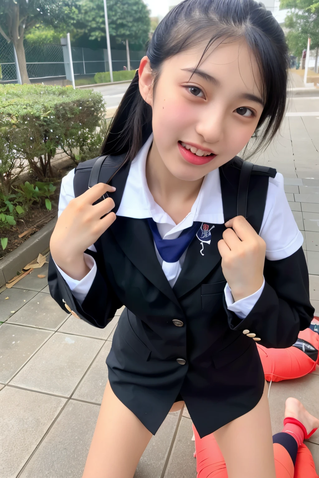 There is a young girl in a school uniform posing for a picture - SeaArt AI