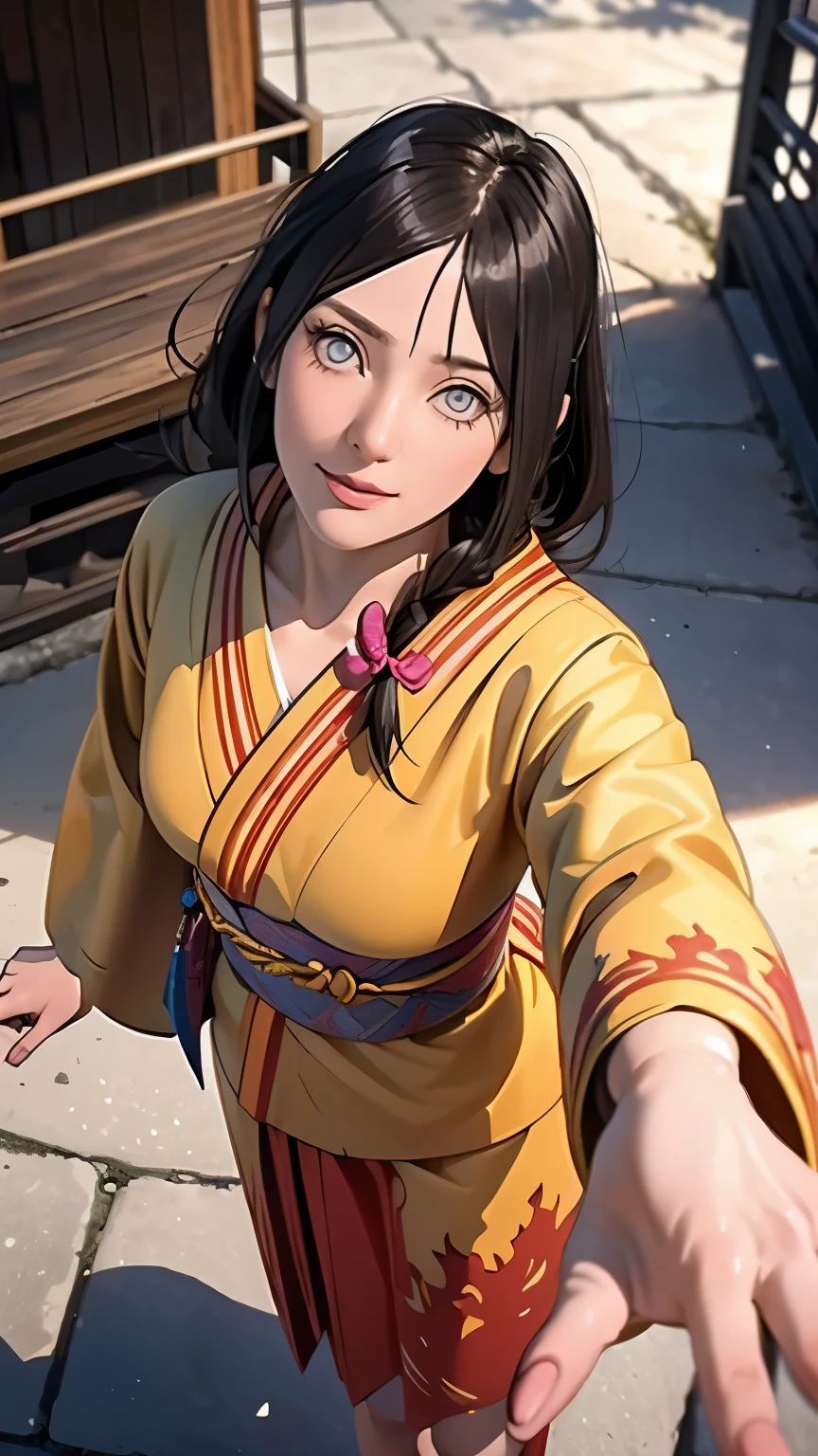 （（（完美figure，figure，orange kimono, obi，hakama skirt，hana，flame print kimono，（（（hyuuga hanabi，low tied long hair，hair bow，Light blue pupils））），S型figure:1.7））），((masterpiece)),high resolution, ((Best quality at best))，masterpiece，quality，Best quality，（（（ Exquisite facial features，looking at the audience,There is light in the eyes，Happy，lol））），（（（Interlacing of light and shadow，））），（（（looking into camera，black background，Exaggerated perspective , ultra wide shot,）））